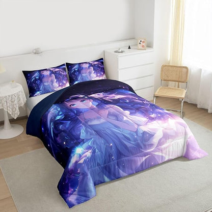 Erosebridal Anime Girls Bedding Anime Gifts Comforter Set for Kids Purple 3D Galaxy Printing Bedding Sets, Cartoon Long Curly Hair Girly Printed Comforter Kids Kawaii Japanese Girl Bed Set, Full