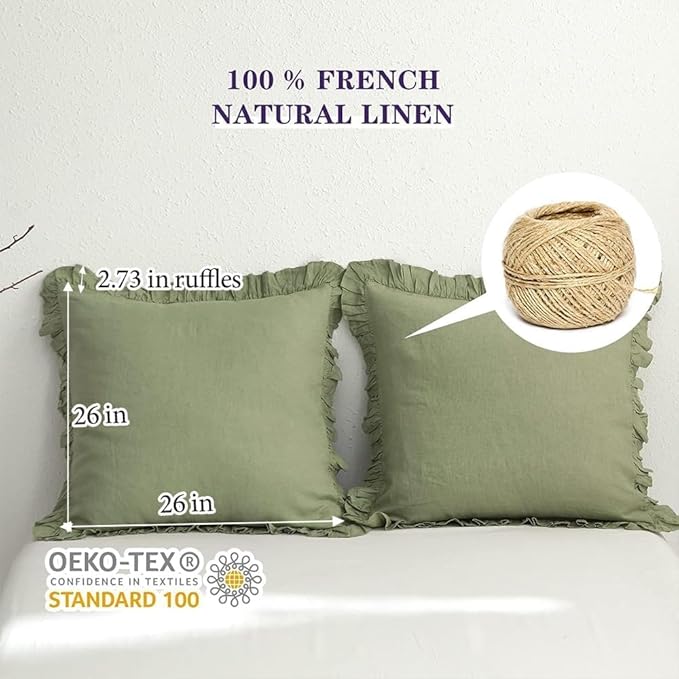 Simple&Opulence 100% Linen Euro Sham Covers with Ruffle, 26x26 Inch Pillow Covers Set of 2, Euro Pillow Shams for Bed Couch French Home Decor Luxury and Breathable Square Pillow Cases, Sage Green