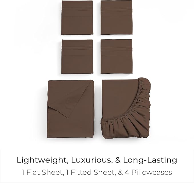 Mellanni King Sheet Set - 6-Piece Iconic Collection Bedding, (Including 4 Pillowcases), 16-Inch Deep Pocket, Easy Care, Extra Soft, Cooling Sheets, Brushed Microfiber - Brown