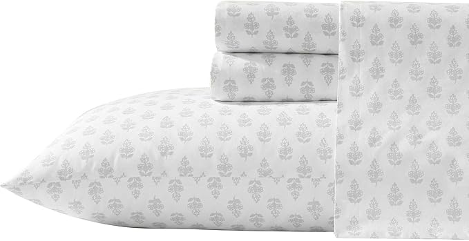 Laura Ashley - Twin Sheets, Lightweight & Breathable Cotton Percale Bedding Set with Matching Sham(s), Oeko-Tex Certified (Francesca Grey, Twin)