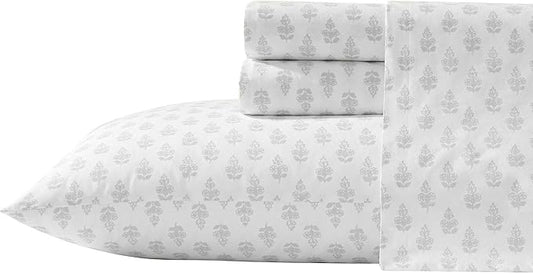 Laura Ashley - Twin Sheets, Lightweight & Breathable Cotton Percale Bedding Set with Matching Sham(s), Oeko-Tex Certified (Francesca Grey, Twin)