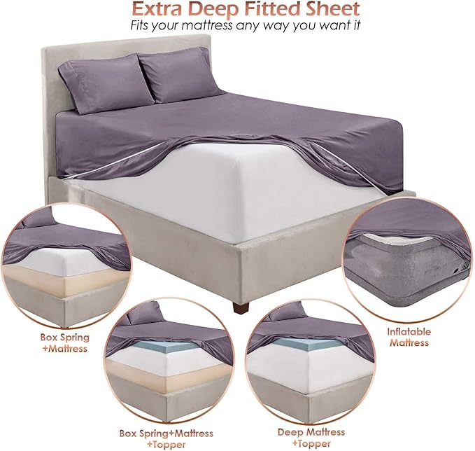 Hearth & Harbor Bed Sheets, Luxury Soft 6 Piece Bed Sheet Set Extra Deep Pocket Fitted Sheets Fits Mattress up to 21", Double Brushed Bedding Sheets & Pillowcases, Twin XL, Purplish Gray