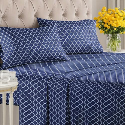Cal King 4 Piece Striped Sheet Set - Breathable & Cooling - Navy Quatrefoil
