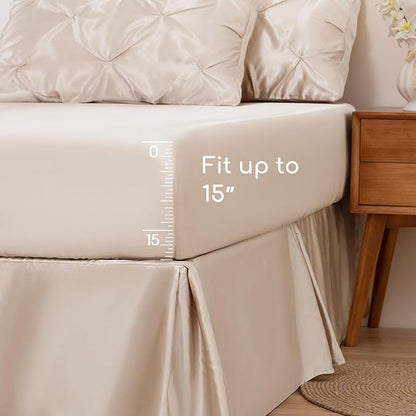 MR&HM Satin Comforter Twin 5 Pieces - Luxurious Pinch Pleat Bedding Set with Comforter, Flat Sheet, Fitted Sheet, Pillowcase & Sham, Super Silky Soft Bed Set for All Season (Twin, Beige)