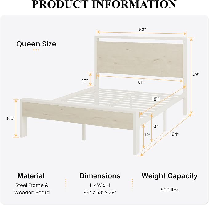 SHA CERLIN 14 Inch Queen Metal Platform Bed Frame with Wooden Headboard and Footboard, No Box Spring Needed, Large Under Bed Storage, Heavy Duty Slats Support, White Washed Oak