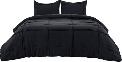 Bedsure Queen Comforter Set with Sheet - 4 Pieces Soft Black Bedding, Grid Pinch Pleat, All Season Lightweight Fluffy Bed Set with Solid Boho Comforter, Pillowcases & Sheet