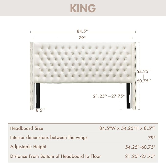 Madison Park King Wingback Upholstered Tufted Headboard, Featuring High-Density Sponge Padding, Adjustable Height Headboard, Easy Assembly, Beige Velvet
