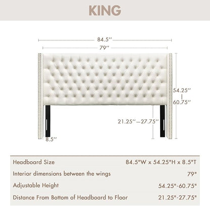 Madison Park King Wingback Upholstered Tufted Headboard, Featuring High-Density Sponge Padding, Adjustable Height Headboard, Easy Assembly, Beige Velvet