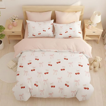 Nayoroom Pink Bow Comforter Set Queen Size Reversible Red Cherry Comforter 3 Pieces Soft Lightweight Kids Girls Cute Aesthetic Dorm
