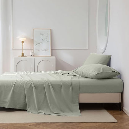 JIYUAN Full Size Sheet Set, 4-Piece - 100% Washed Cotton, Linen-Like Soft & Breathable, Includes Deep Pocket Fitted & Flat Sheet with 2 Pillowcases, Hotel Quality, Heathered Sage Green