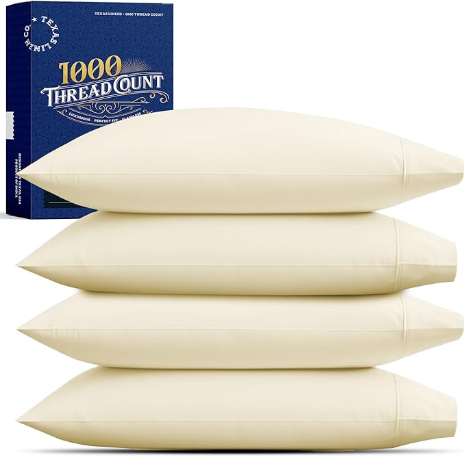 TEXAS LINEN CO. 100% Egyptian Cotton King Size Pillow Cases Set of 4 - Luxury High Thread Count Cotton Pillowcases (2 Pair, Ivory), Silky Soft, Cooling, Extra Long Staple Hotel Quality Pillow Cases