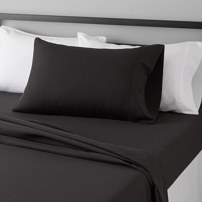 Amazon Basics Lightweight Super Soft Easy Care Breathable Brushed Microfiber 3-Piece Bed Sheet Set with 14-Inch Deep Pockets, Twin XL, Black, Solid