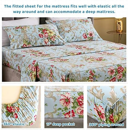 QSH Floral Queen Size Sheet Sets - Luxury Peony Flower Print Pattern Egyptian Cotton Printed Bedding Sheets Queen Size Bed Extra Soft and Breathable 4pcs Deep Pockets Bed Sheets