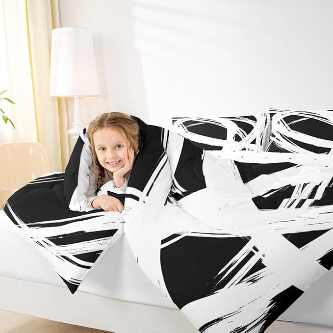 Erosebridal White and Black Abstarct Toddler Bedding Set,Aesthetic Geometric Comforter Set for Minimalists,Graffiti Stripes Lines Quilt,Contemporary Boho Modern Art Duvet Insert for Minimalism