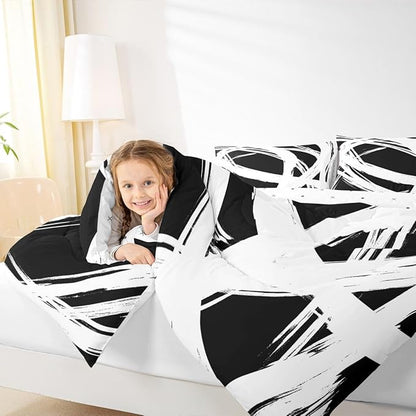 Erosebridal White and Black Abstarct Toddler Bedding Set,Aesthetic Geometric Comforter Set for Minimalists,Graffiti Stripes Lines Quilt,Contemporary Boho Modern Art Duvet Insert for Minimalism