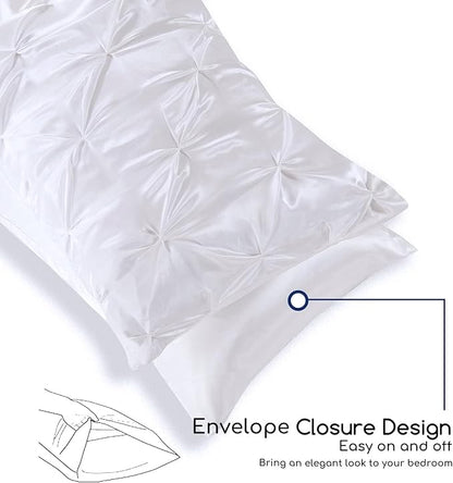 MR&HM Satin Comforter King 7 Pieces - Luxurious Pinch Pleat Bedding Set with Comforter, Flat Sheet, Fitted Sheet, Pillowcases & Shams, Super Silky Soft Bed Set for All Season (King, White)