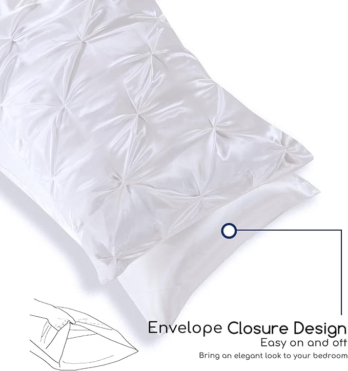 MR&HM Satin Comforter Full 7 Pieces - Luxurious Pinch Pleat Bedding Set with Comforter, Flat Sheet, Fitted Sheet, Pillowcases & Shams, Super Silky Soft Bed Set for All Season (Full, White)