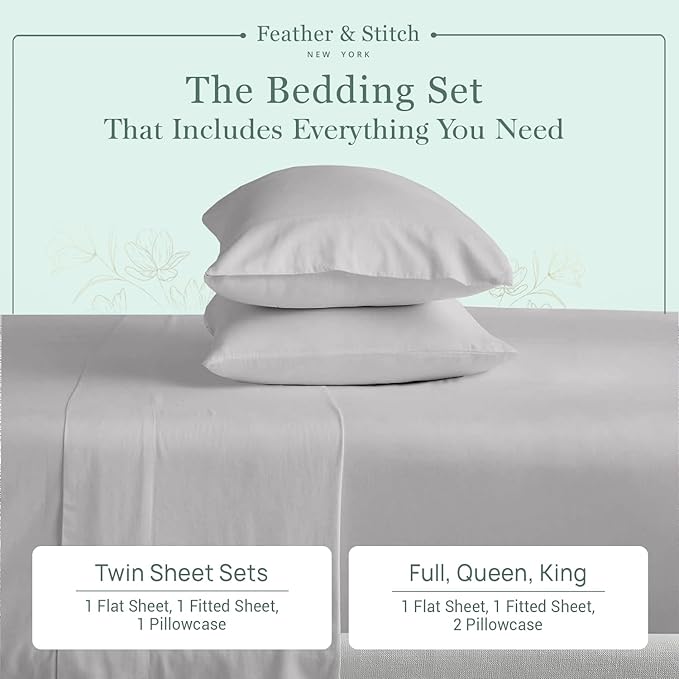 Feather & Stitch Softest 100% Cotton Sheets, 300 Thread Count Percale Weave Bedding, 16" Deep Pocket, Cooling Sheets, Breathable Bed Set, Hotel Premium Quality (King, Grey)