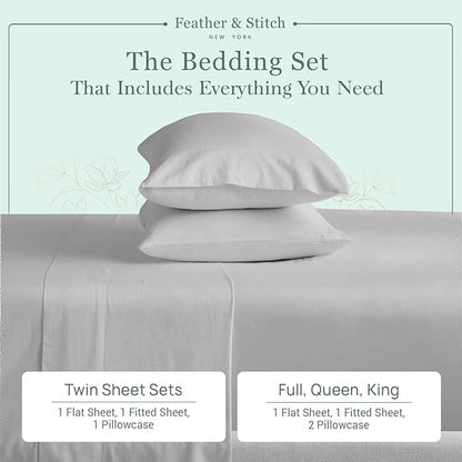 Feather & Stitch Softest 100% Cotton Sheets, 300 Thread Count Percale Weave Bedding, 16" Deep Pocket, Cooling Sheets, Breathable Bed Set, Hotel Premium Quality (Full, Grey)