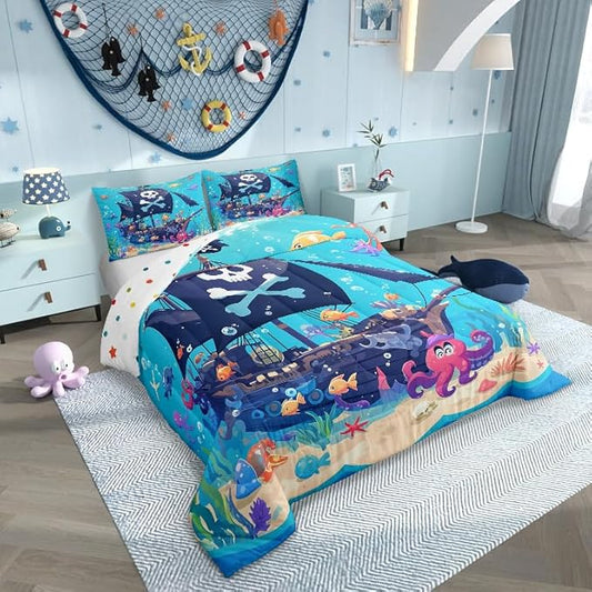 Castle Fairy Cartoon Pirate Boat Comforter Set King Size Cute Octopus Ocean Fish Bedding Set Bedroom Decor Funny Undersea World Quilt Set for Kids Boys Girls Watercolor Seaweed Duvet Insert 3Pcs