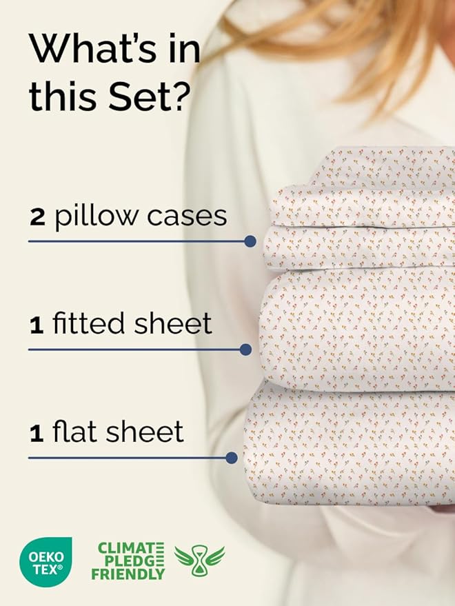 Floral Sheets - Flower Print Bed Sheet Set - 1 Flat, 1 Fitted & 2 Pillowcases w/ Deep Pockets - Comfy, Cozy, Wrinkle & Fade Free - Boho Botanical Bedding - Soft, Breathable & Cooling - Queen Size Set
