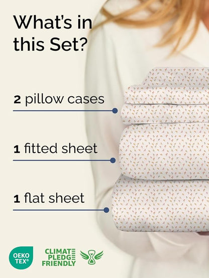 Floral Sheets - Flower Print Bed Sheet Set - 1 Flat, 1 Fitted & 2 Pillowcases w/ Deep Pockets - Comfy, Cozy, Wrinkle & Fade Free - Boho Botanical Bedding - Soft, Breathable & Cooling - Queen Size Set