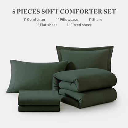 WRENSONGE Twin Comforter Set- 5 Pieces Deep Forest Twin Bed in a Bag, All Season Twin XL Bedding Sets with 1 Fitted Sheet, 1 Flat Sheet, 1 Pillow Sham and 1 Pillowcase