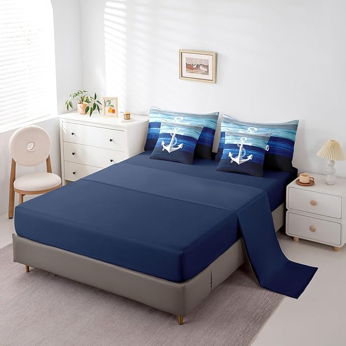 7 Pcs Sailing Anchor Bedding Sets Gradient Blue Wooden Stripes Comforter Set for Kids Teens Adults Bed in a Bag(Comforter,Flat Sheet,Fitted Sheet,2 Pillowcases,2 Pillow Covers) Queen Size