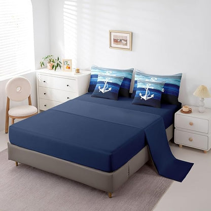 Castle Fairy Sailing Anchor Bedding Sets with Sheets,Comforter,Pillowcases,Pillow Covers 7 Pcs Nautical Theme Simple Decorative Comforter Set for Kids Teens Adults Bedroom Dorm Bed Set King Size