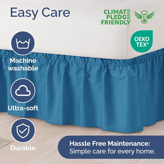 Wrap Around Dust Ruffle Bed Skirt - Denim Blue - for Full Size Beds with 12 Inch Drop - Elastic Strap - Adjustable Pleated Bedskirt with Brushed Fabric and Wrinkle Free - for Women, Men, Kids & Teens