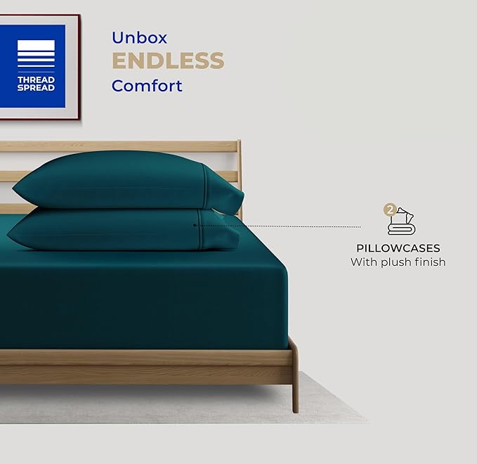 THREAD SPREAD 100% Cotton King Size Pillow Cases Set of 2 - Luxury 400 Thread Count Pillow Cases King Size (Teal), Soft Cooling Breathable & Durable Sateen Weave Hotel Quality Cotton Pillowcases
