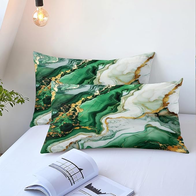 Green Marble Comforter Set King Size,Emerald Green Marble Print Bedding Set,Green White Gold Watercolor Fluid Luxury Bedding Decor Abstract Comforter with 2 Pillowcases