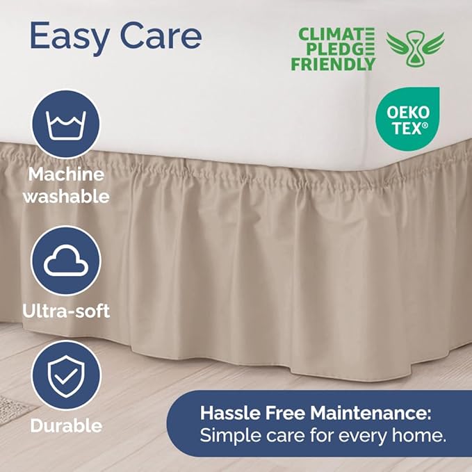 Wrap Around Dust Ruffle Bed Skirt - Wheat - for Queen Size Beds w/ 12 Inch Drop - Easy Fit Elastic Strap - Adjustable Pleated Bedskirt w/Brushed Fabric - Wrinkle Free - for Women, Men, Kids & Teens