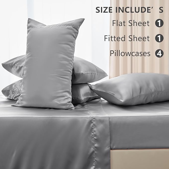 CozyLux Satin Sheets King Size Sheet Set - 6 Piece Silky King Sheets, Luxury Light Grey King Bed Set with Smooth and Soft Microfiber, Includes 1 Fitted Sheet, 1 Flat Sheet and 4 Pillowcases