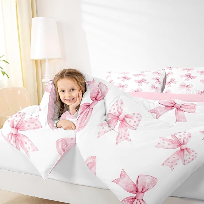 Erosebridal Pink Bow Kids Bedding | Coquette Bowknot Twin Comforter Sets,Princess Girls Ribbon Bowtie Comforter Watercolor Cute Duvet Insert with 1 Pillow Case