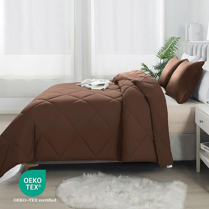 3-Piece King Comforter Set,All-Season,Soft & Hypoallergenic &Breathable Bedding,Polyester Quilted,Down Alternative(Comforter*1 & Pillowcases*2),Chocolate