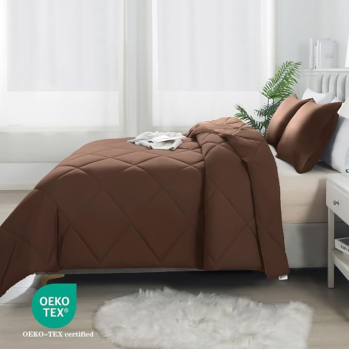 3-Piece Full Comforter Set,All-Season,Soft & Hypoallergenic &Breathable Bedding,Polyester Quilted,Down Alternative(Comforter*1 & Pillowcases*2),Chocolate