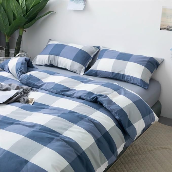 LifeTB Blue White Plaid Duvet Cover Queen Modern Soft 100% Cotton Comforter Cover Simple Style Plaid Grid Duvet Cover with 2 Pillowcases Blue White Grey Checked Bedding Set Full Queen