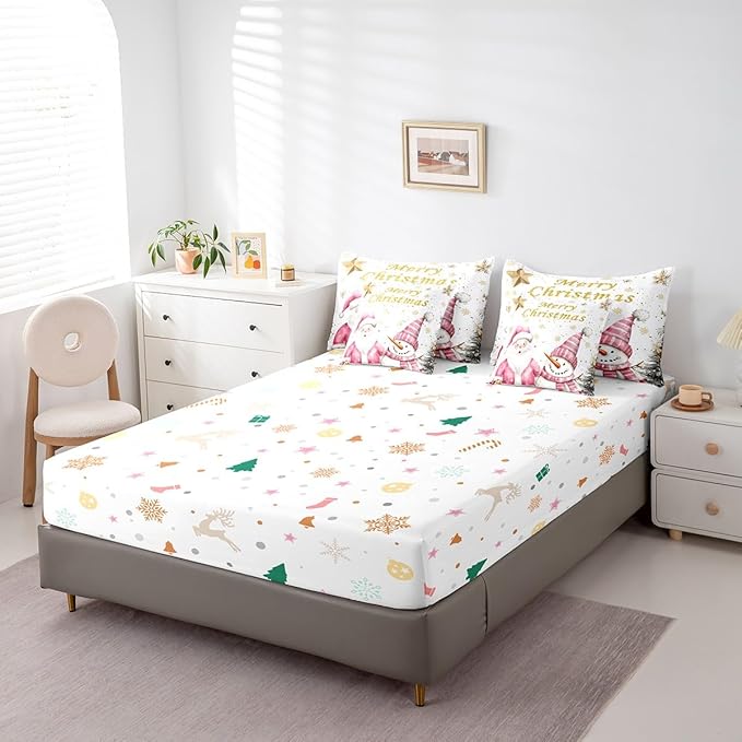 Gold Snowflake Queen Comforter Set with Sheets Bed in a Bag 7 Pcs,Pink Santa Snowman Christmas Trees Bed Set,Watercolor Winter Bedding Sets with Comforter,Flat,Fitted Sheet,Pillowcases,Pillow Covers