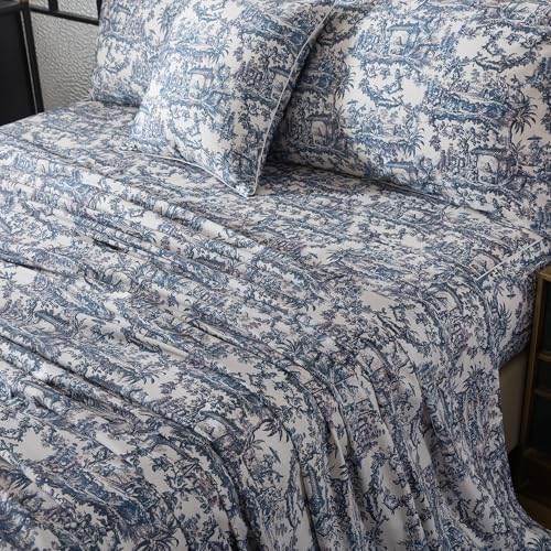 FADFAY Blue Toile Sheets Set Queen French Country Vintage Farmhouse Bedding Exotic Scenic Chinoiserie Floral Bedding 100% Egyptian Cotton Soft Breathable Sheet Set with Deep Pocket Fitted Sheet 4Pcs