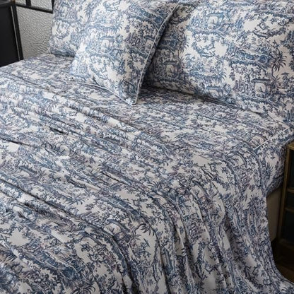 FADFAY Blue Toile Sheets Set Cal King French Country Vintage Farmhouse Bedding Exotic Scenic Floral Bedding 100% Egyptian Cotton Soft Sheet Set with Deep Pocket Fitted Sheet 4Pc, California King Size