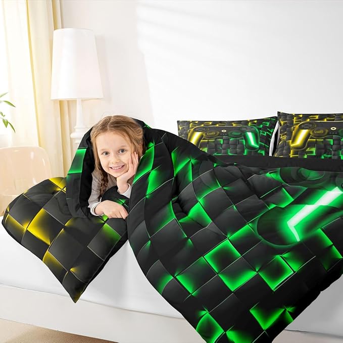 Erosebridal Gaming Full Bedding Sets for Kids Boys Gamer Comforter Set 3D Neon Lights Ombre Geometric Checkered Gamepad Quilt Comforter Lightweight Gamer Bed Duvet Set for All Season,Green Gold