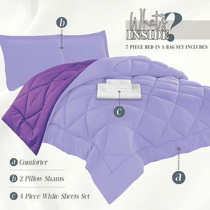 Elegant Comfort 7-Piece Queen Size Bed-in-a-Bag - Luxury 1500 Thread Count Comforter & Sheet Set, Super Cozy, Wrinkle and Stain Resistant, Lilac/Purple