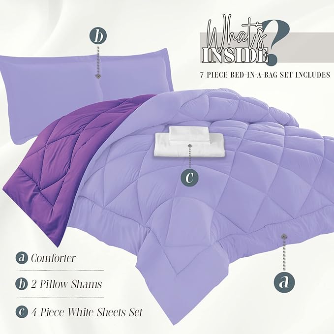 Elegant Comfort 7-Piece Bed-in-a-Bag Comforter & Sheet Set- Luxury 1500 Thread Count 7-Piece Full Size Bed-in-a-Bag, Super Cozy Bed Sheets and Comforter Set, Wrinkle and Stain Resistant, Lilac/Purple