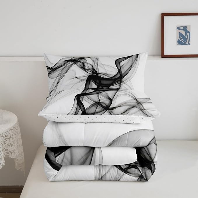 Erosebridal Geometric Quilt Insert Queen Size Ink Line Bedding Set for Minimalists Gradient Stripe Aesthetic White Comforter Warm Soft Comforter Set