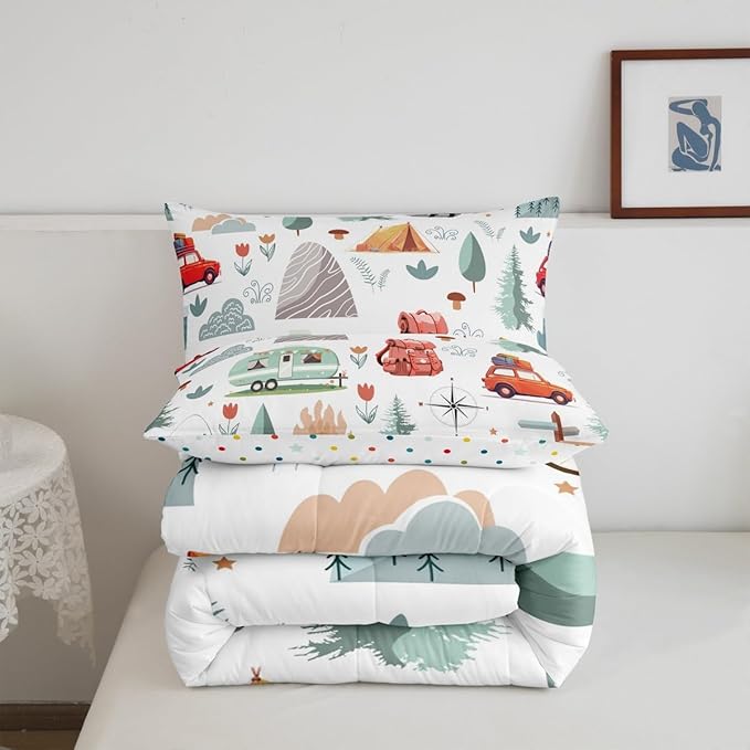 Kids Happy Camping Comforter Set Queen, Camper Bedding for Travel Trailers, Travel Car Rv Down Comforter, Botanical Floral Mountain Adventure Quilt, Cartoon Camper Car Duvet Insert Bedroom Decor 3Pcs