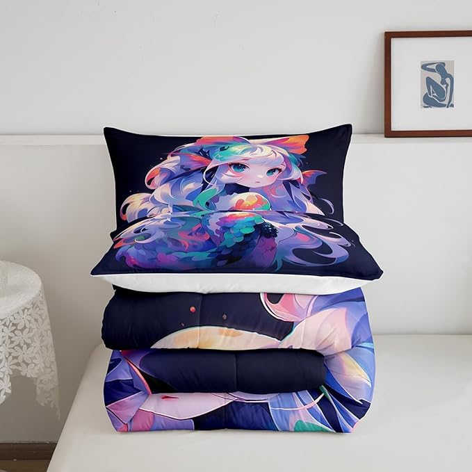 Erosebridal Anime Girl Bedding Comforters & Sets 3D Japanese Bedding Kawaii Girly Comforter Set, Anime Lovers Gifts Bedding Sets Warm Lightweight Duvet Set for All Season, Full 3Pcs