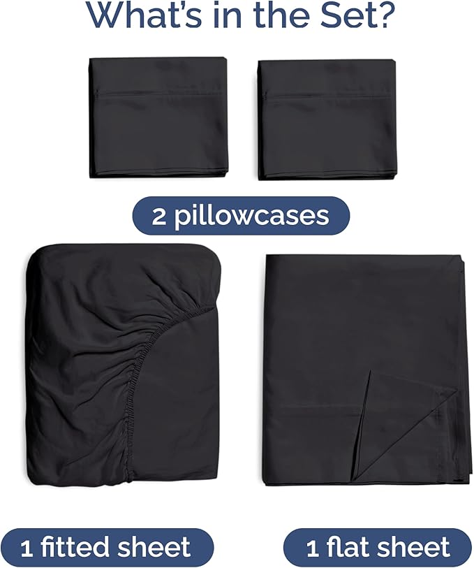 100% Rayon Derived From Bamboo - Bamboo Sheets Queen Size - Cooling Sheets for Queen - Ultra Soft, Breathable & Hotel Luxury Bedding - 1 Flat & 1 Fitted & 2 Pillowcases w/ 16 Inch Deep Pockets - Black