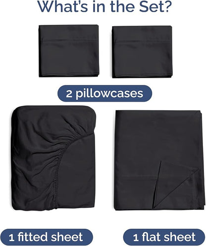 100% Rayon Derived From Bamboo - Bamboo Sheets Queen Size - Cooling Sheets for Queen - Ultra Soft, Breathable & Hotel Luxury Bedding - 1 Flat & 1 Fitted & 2 Pillowcases w/ 16 Inch Deep Pockets - Black