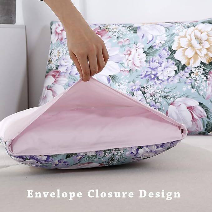 WINLIFE 100% Cotton Pillowcases Queen Size Garden Floral Printed Pillow Cases Set of 2 Soft and Breathable Cooling Pillow Case (Queen 20x30'', Purple Flower)